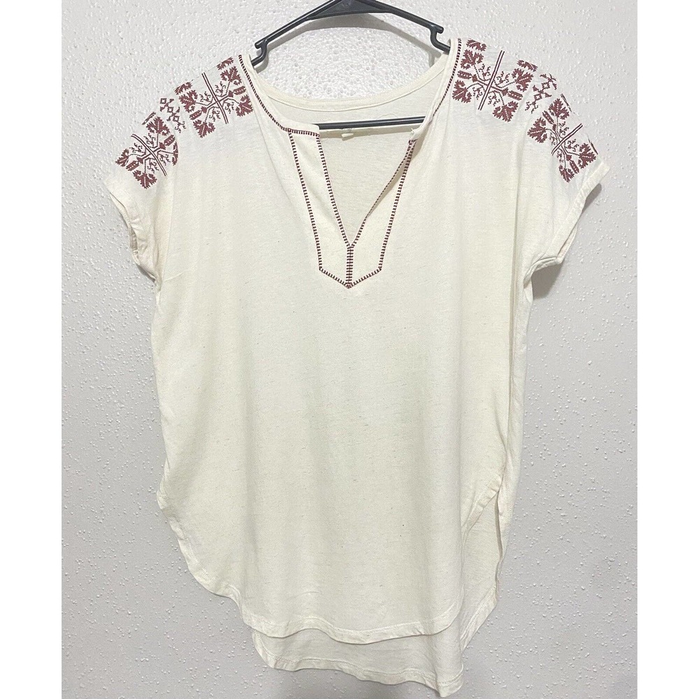 Madewell Shirt Womens Extra Small Embroidered Sleeve Spilt Neck Curved Hem Boho